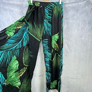 Thread Story Palm Print Pants Tropical‎ Wide Leg Rayon Black Green Size L